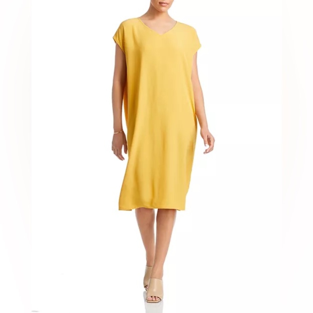 Eileen Fisher Marigold Yellow V-Neck Tunic Dress – Small/Petite – NWT